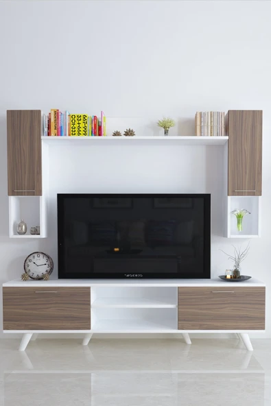 Moonlife İstanbul Dolaplı Kapaklı Tv Ünitesi Beyaz Ceviz ürün görseli 1