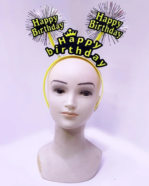 Happy Birthday Püsküllü Neon Sarı Renk Doğum Günü Tacı 22x19 cm ürün görseli 1