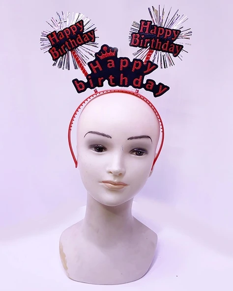 Happy Birthday Yazılı Püsküllü Neon Kırmızı Renk Doğum Günü Tacı 22x19 cm ürün görseli 1