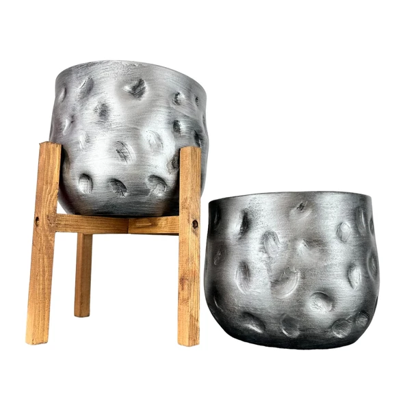 Bitki Tasarımı Ev Dekorasyon Aksesuar Gümüş Desenli Toprak Saksı Saksılık Salon Çiçeklik İkili Set 4 Ayaklı - Ayaksız 19 CM ürün görseli 1