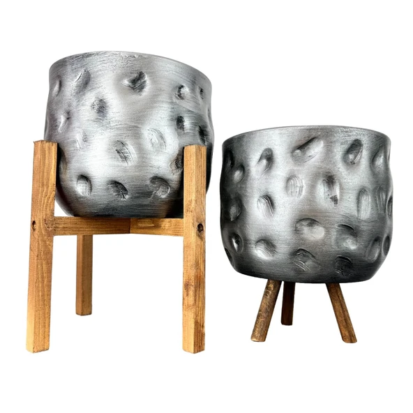 Bitki Tasarımı Ev Dekorasyon Aksesuar Gümüş Desenli Toprak Saksı Saksılık Salon Çiçeklik İkili Set 4 Ayaklı- 3 Ayaklı  19 CM ürün görseli 1