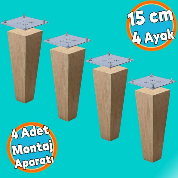 Ahşap Ayak Kare Bağlantı Aparatı Dahil Mobilya Koltuk Kanepe Sehpa Masa Ayağı  4 Adet 15 cm Ayakları ürün görseli 1