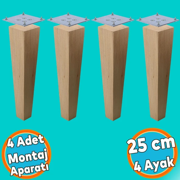 Ahşap Ayak Kare Bağlantı Aparatı Dahil Mobilya Koltuk Kanepe Sehpa Masa Ayağı 4 Adet 25 cm Ayakları ürün görseli 1