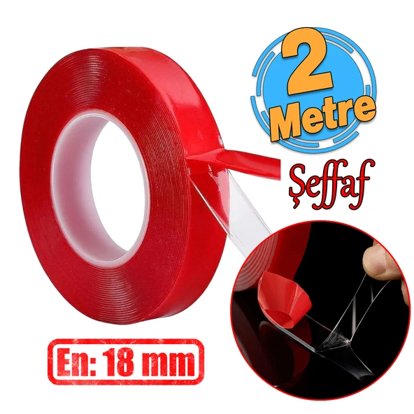 Çift Taraflı Silikon Bant Montaj Bandı Şeffaf 18 mm x 2 Metre Güçlü Çok Amaçlı Yapıştırıcı 1 Adet ürün görseli 1