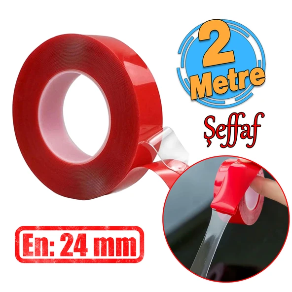 Çift Taraflı Silikon Bant Montaj Bandı Şeffaf 24 mm x 2 Metre Güçlü Çok Amaçlı Yapıştırıcı 1 Adet ürün görseli 1