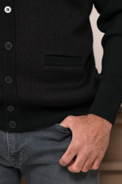 Woolen World Regular Fit V Yaka Ön Cepli Desenli Triko Hırka ürün görseli 1