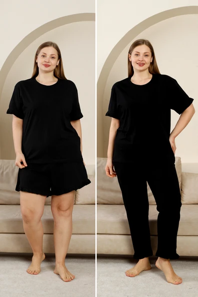 %100 Pamuk Büyük Beden 3 Parça Fırfırlı  Kadın Pijama Takımı ürün görseli 1
