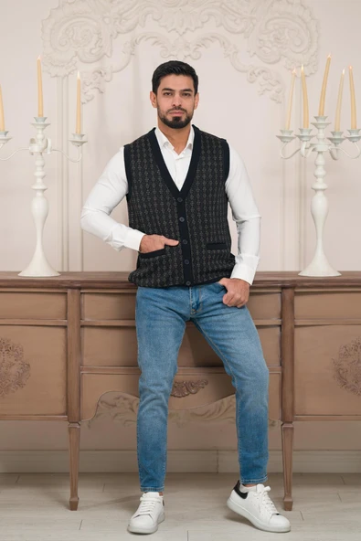 Woolen World Regular Fit Ön Cepli Desenli Kolsuz Erkek Triko Yelek ürün görseli 1
