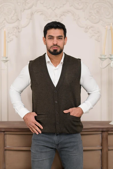 Woolen World Regular Fit Ön Cepli Kolsuz Erkek Triko Yelek ürün görseli 1