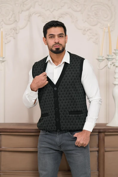 Woolen World Regular Fit Ön Cepli Desenli Kolsuz Erkek Triko Yelek ürün görseli 1