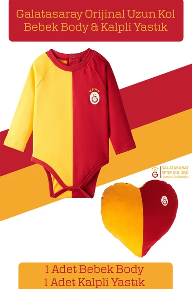 Galatasaray Orijinal Lisanslı Uzun Kol Bebek Body Zıbın & Sarı Kırmızı Kalpli Yastık Set ürün görseli 1