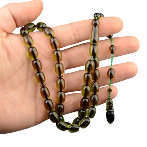 Sistem Püsküllü 11x8mm Kapsül Kesim İmzalı Ateş Kehribar Tesbih ürün görseli 1
