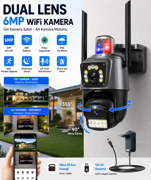 Ventus ICSee RX23 6MP Dual Lens 360° Görüş Hareketli  Waterproof Gece Görüş Sesli Görüşme Akıllı Kamera Çakarlı ürün görseli 1