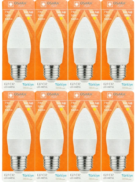 (8 Adet) Osaka 7W (50W) 3000K (Sarı) E27 Duylu (Kalın Duy) Mum Led Ampul ürün görseli 1