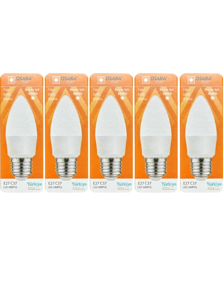 (5 Adet) Osaka 7W (50W) 6500K (Beyaz Işık) E27 Duylu (Kalın Duy) Mum Led Ampul ürün görseli 1