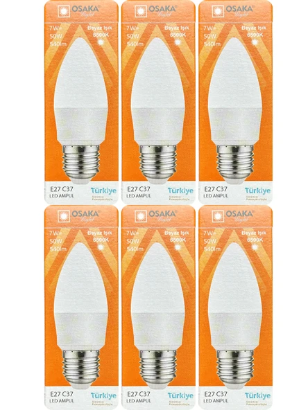(6 Adet) Osaka 7W (50W) 6500K (Beyaz Işık) E27 Duylu (Kalın Duy) Mum Led Ampul ürün görseli 1