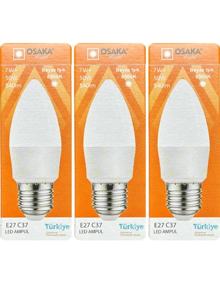 (3 Adet) Osaka 7W (50W) 6500K (Beyaz Işık) E27 Duylu (Kalın Duy) Mum Led Ampul ürün görseli 1