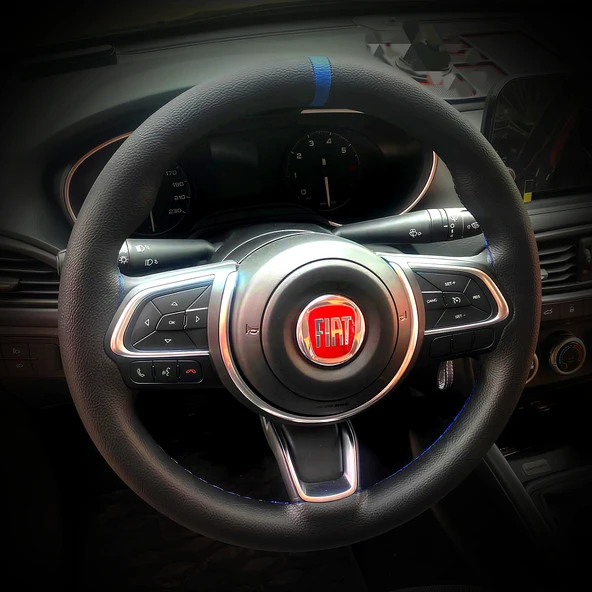 DİKİŞLİ DİREKSİYON KILIFI İTHAL SİYAH DERİ MAVİ YÜZÜK MAVİ DİKİŞLİ FIAT EGEA İÇİN ürün görseli 1
