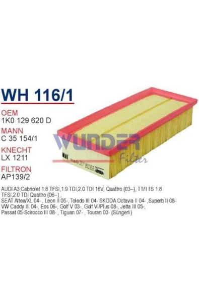 WUNDER WH116/1 HAVA FİLTRESİ - VOLKSWAGEN GOLF V 1.9-2.0 - CADDY ürün görseli 1