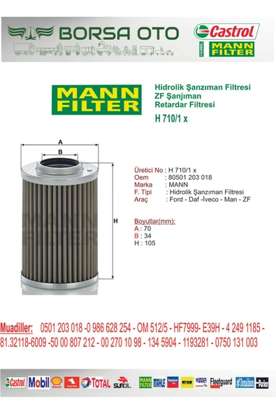 MANN H 710/1 X ZF Şanjıman Daf , Renault , Man , Cargo Retardar Filtresi Mann H710/1x ürün görseli 1