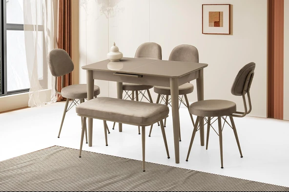 Mini 60 x 100 Milano Mdf Ortadan Açılır Masa 4 Ad Ece Sandalye 1 Ad sırtsız Mini Bench ürün görseli 1