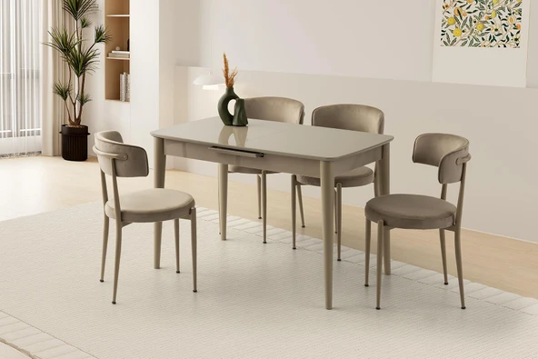 Milano Mdf Ortadan Açılır Masa Cappicino  4 Adet Gözde Sandalye Takım ürün görseli 1