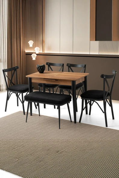 Mini 60 x 100 Milano Mdf Ortadan Açılır Masa 4 Ad Çapraz Sandalye 1 Ad sırtsız Mini Bench ürün görseli 1