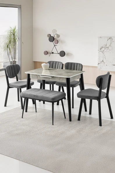 Mini 60 x 100 Milano Mdf Ortadan Açılır Masa 4 Ad Esinti Sandalye 1 Ad sırtsız Mini Bench ürün görseli 1