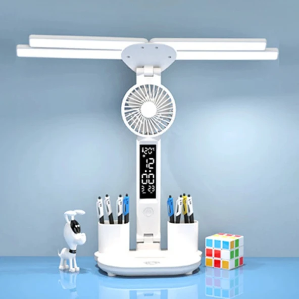 TechTic 8in1 Fanlı Masa Lambası 4 Başlı Lamba Saat Takvim Derece Kalemlik Telefon Tutucu Fan Lamba ürün görseli 1