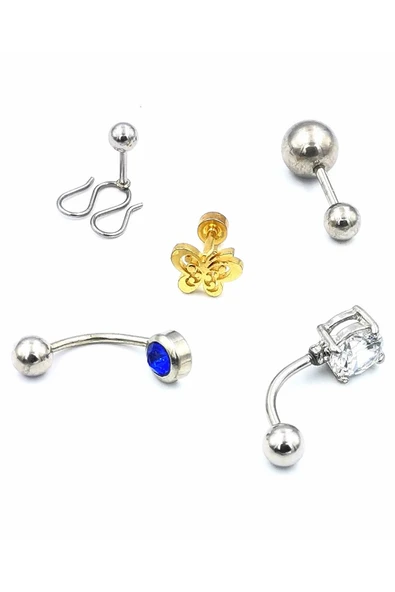 Renkli Taşlı Çelik 5 Adet Kaş Tragus Piercing ürün görseli 1