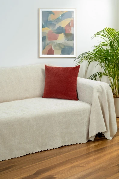 Jakarlı Şönil Koltuk Örtüsü  | Çekyat Örtüsü | Koltuk Şalı 175x350 Kaymaz Krem ürün görseli 1