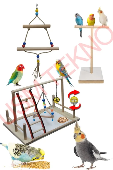 Kuş Oyuncağı Kuş Oyun Parkı Salıncak T Tünek 3 Lü Set Muhabbet Papağan Oyuncağı Kuş Aksesuarları ürün görseli 1