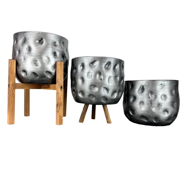 Bitki Tasarımı Ev Dekorasyon Aksesuar Gümüş Desenli Toprak Saksı Saksılık Salon Çiçeklik Üçlü Set 19 CM ürün görseli 1