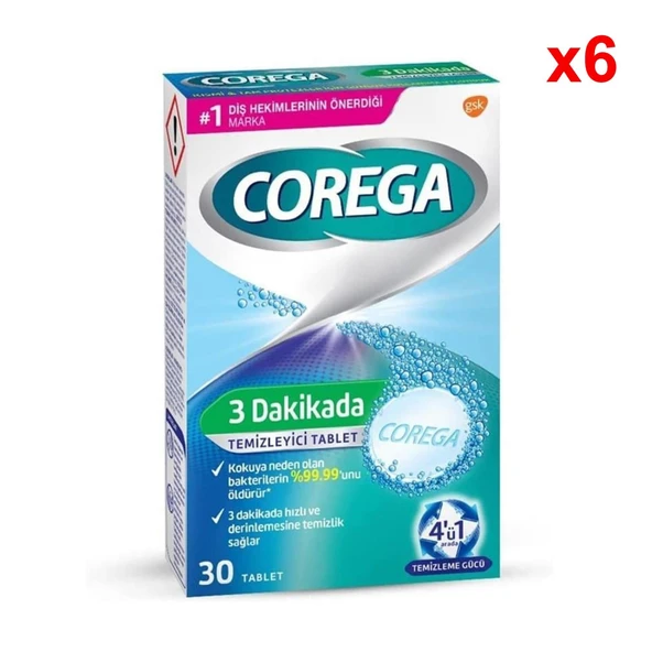 Corega 3 Dakikada 30'lu 6 Adet Protez Temizleme Tableti ürün görseli 1
