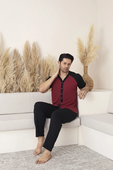 Erkek Kısa Kol Üst Bordo-Siyah Alt Siyah Gömlek Pijama Takımı ürün görseli 1
