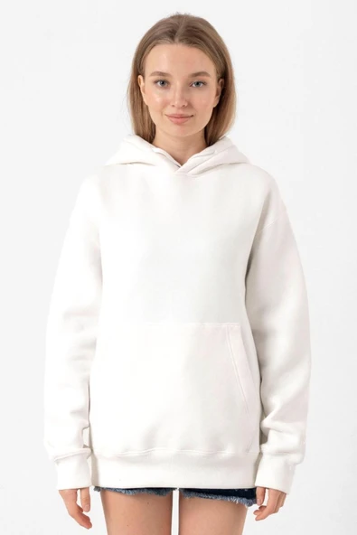 Beyaz Kadın Kanguru Cepli Basic Kapşonlu Sweatshirt ürün görseli 1