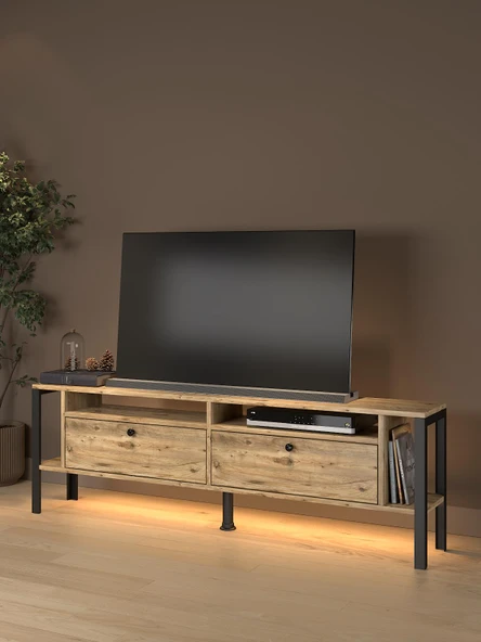 Luce Plus Eko Led Işıklı Dolaplı Metal Ayaklı Minifiksli Tv Ünitesi - Tv Sehpası 160 Cm ürün görseli 1
