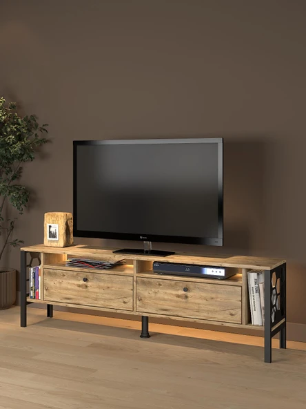 Roma Led Işıklı  Özel Tasarım Metal Ayaklı Minifiksli Tv Ünitesi - Tv Sehpası 160 Cm ürün görseli 1