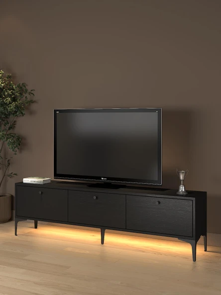 Paris Led Işıklı Dolaplı Minifiksli 160 Cm Tv Ünitesi - Tv Sehpası - Wood Siyah ürün görseli 1