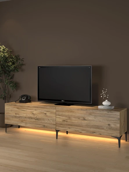 Napoli 200 Cm Led Işıklı Geniş Dolaplı Minifiksli  Tv Ünitesi - Tv Sehpası - Atlantik Çam ürün görseli 1