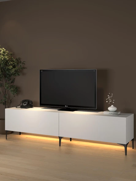 Napoli 200 Cm Led Işıklı Geniş Dolaplı Minifiksli Tv Ünitesi - Tv Sehpası - Beyaz ürün görseli 1