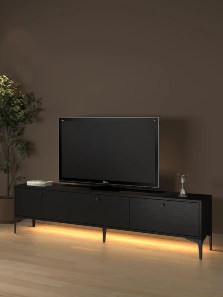 Venüs Led Işıklı Dolaplı Minifiksli 180 Cm Geniş Tv Ünitesi - Tv Sehpası - Wood Siyah ürün görseli 1