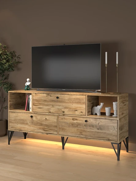 Mila Led Işıklı Dolaplı Minifiksli 160 Cm Konsol - Tv Ünitesi - Tv Sehpası - Atlantik Çam ürün görseli 1