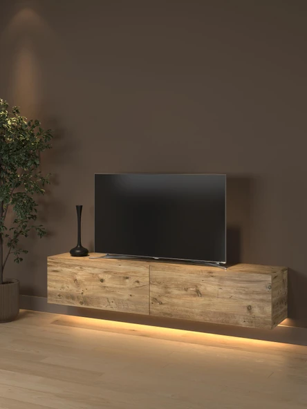 Rami Duvara Monte Led Işıklı, Dolaplı Tv Ünitesi - Tv Sehpası - Minifiksli - Atlantik Çam ürün görseli 1