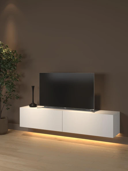 Rami Duvara Monte Led Işıklı, Dolaplı Tv Ünitesi - Tv Sehpası - Minifiksli - Beyaz ürün görseli 1