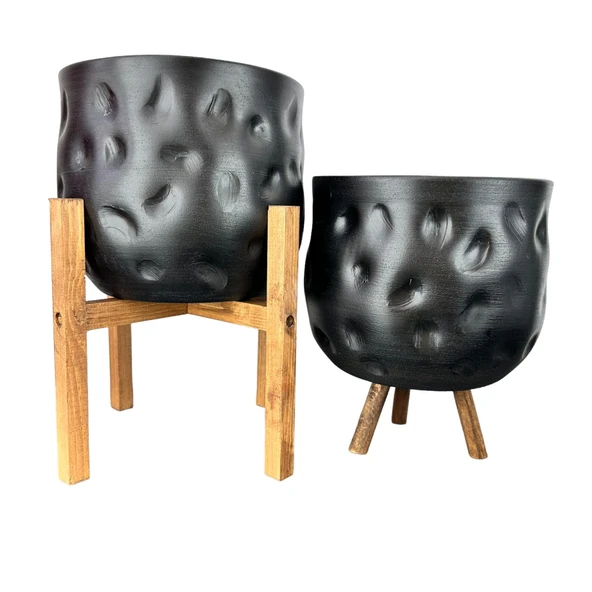 Bitki Tasarımı Ev Dekorasyon Aksesuar Siyah Desenli Toprak Saksı Saksılık Salon Çiçeklik İkili Set 4 Ayak -3 Ayaklı 19 CM ürün görseli 1