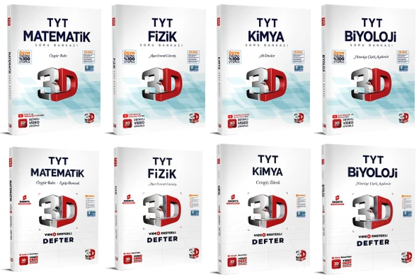 3D Yayınları 2024 Tyt Matematik + Fizik + Kimya + Biyoloji Video Destekli Defter + Soru Seti 8 Kitap ürün görseli 1
