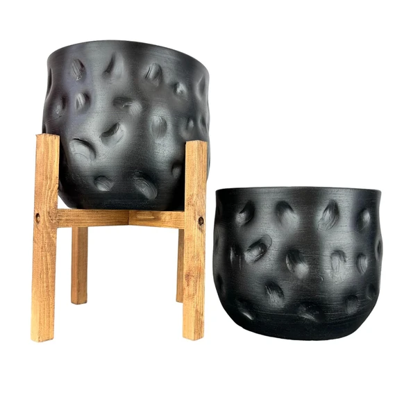 Bitki Tasarımı Ev Dekorasyon Aksesuar Siyah Desenli Toprak Saksı Saksılık Salon Çiçeklik İkili Set 4 Ayaklı - Ayaksız 19 CM ürün görseli 1