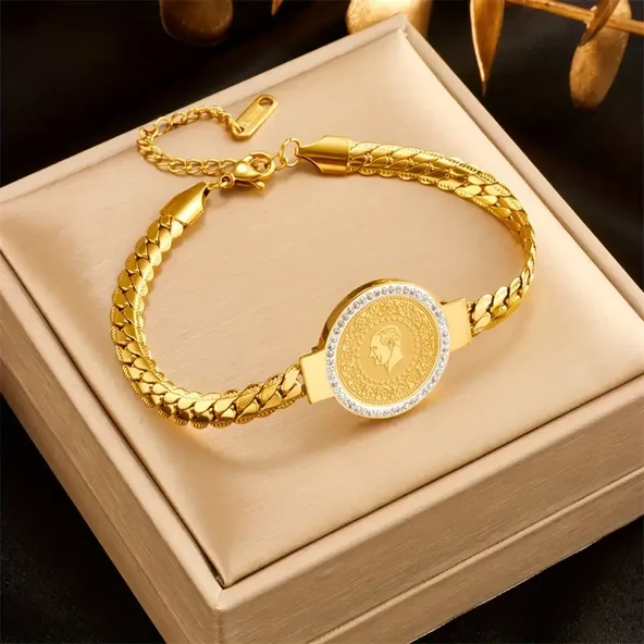 Gold Renk Çeyreklik Çelik Bileklik Zirkon Taşlı Ayarlanabilir Antialerjik Şık ve Zarif Tasarım ürün görseli 1