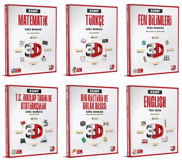 3D 2025 8. Sınıf Lgs Matematik + Türkçe + Fen + İnkılap + Din + İng Soru Seti 6 Kitap Tam Set ürün görseli 1